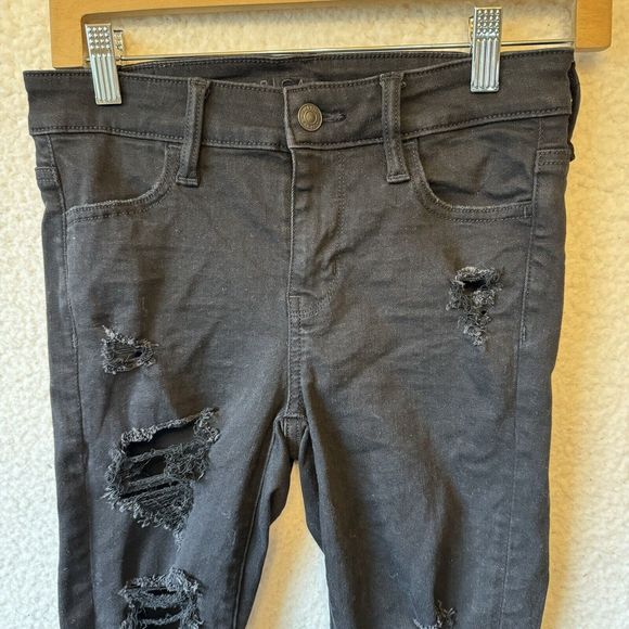 American Eagle Jeans Next Level Stretch Distressed Black Dark Wash Denim Size 0 - Picture 4 of 16